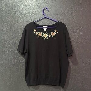 BON WORTH Floral Embroidered Black Blouse Medium Petite NC0337